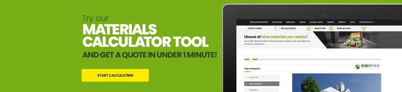 Promotional banner for the EWI Pro materials calculator tool, encouraging users to get an instant quote in under one minute with a highlighted “Start Calculating” button.