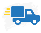Stylized blue delivery truck icon with yellow motion lines, symbolising fast shipping or logistics