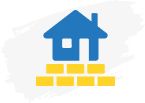 Blue house icon positioned above a row of yellow bricks, symbolising building, construction or insulation