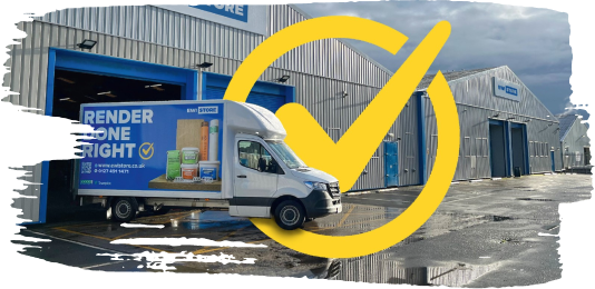 EWI Store warehouse with delivery van parked outside featuring 'Render Done Right' branding, overlaid with large yellow check mark symbol